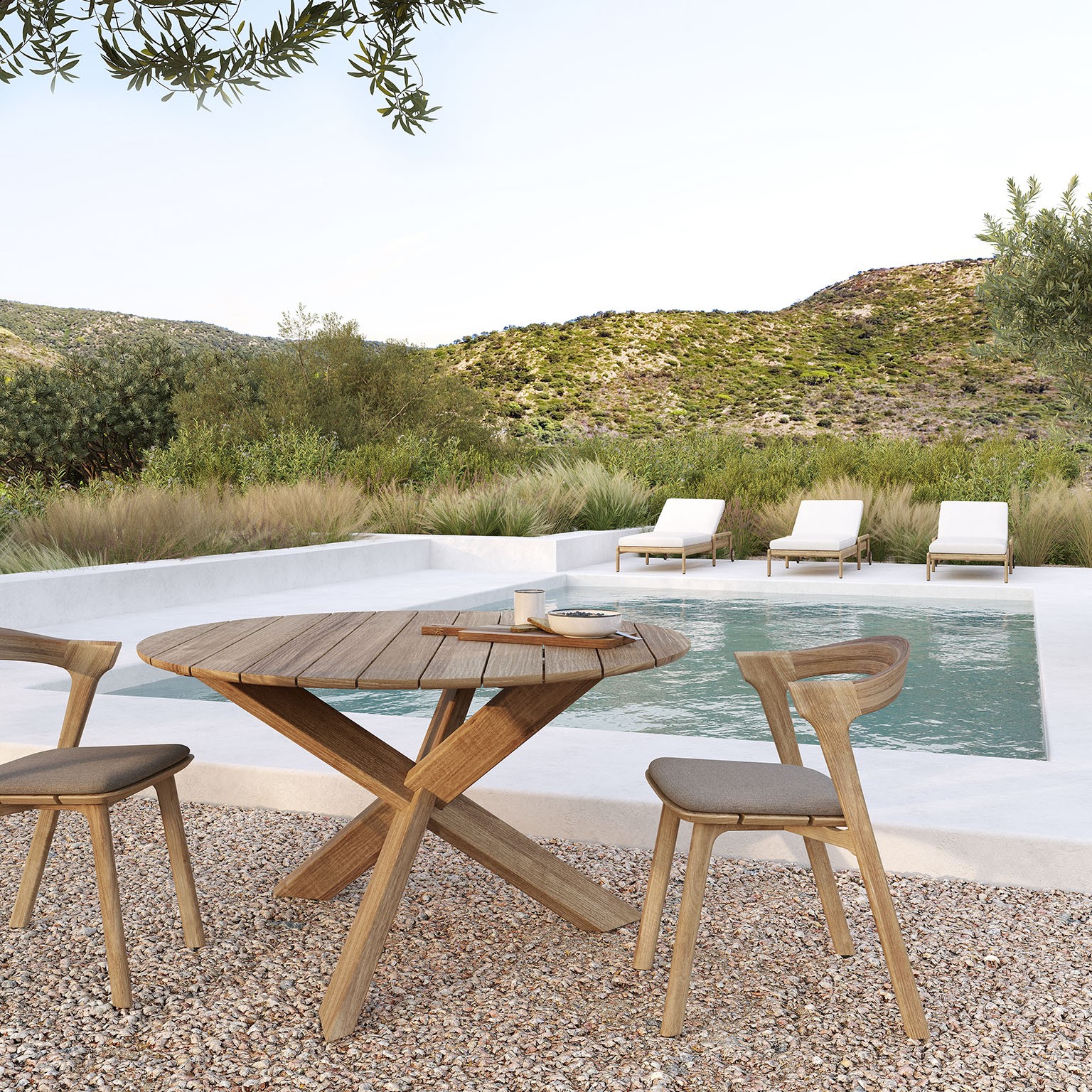 10281_Teak_Circle_outdoor_dining_table_10155_Teak_Bok_Outdoor_chair_21097_Seat_Cushion_Teak_Bok_outdoor_dining_chair_mocha_21098_10256_Teak_Jack_lounger_WEB